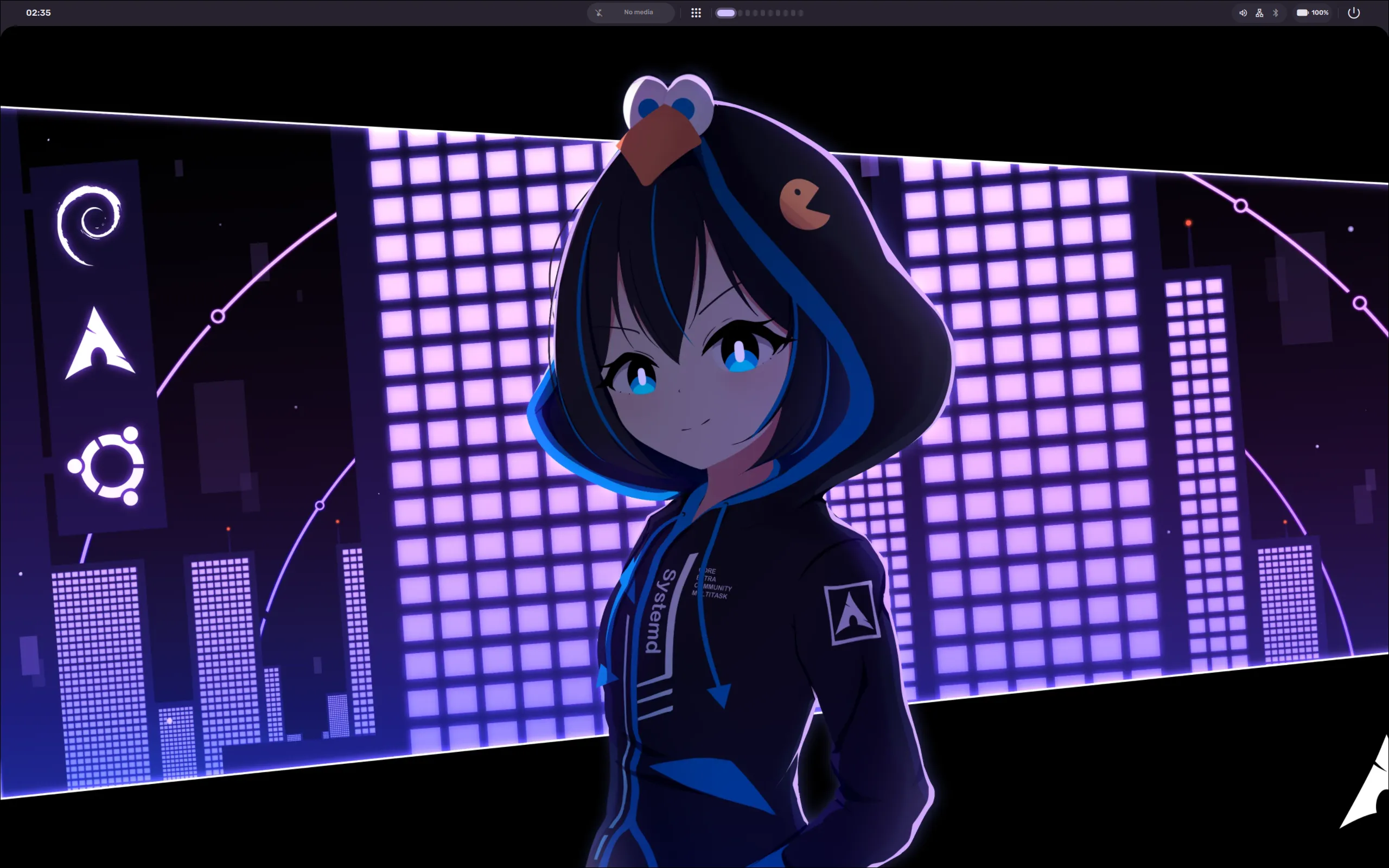 Voidline shell concept around Hyprland using Arch Linux-chan wallpaper artwork by RealShovelKun